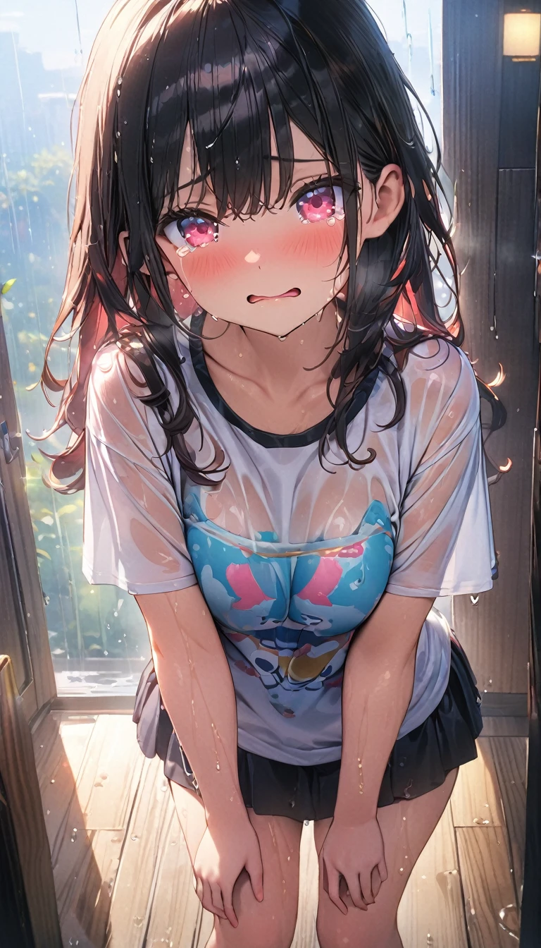 (Best quality, 8k, 32k, Masterpiece, UHD,:1.2),RAW, 1girl,ultra cute , natural lighting,transparent shining eyes, 20yo ,fair complexion, T-shirts, wet, see- through, rainy, mini skirt, embarrassed, From front, show off bra under T-shirts, wet hair, crying