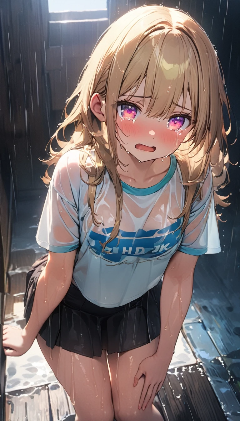 (Best quality, 8k, 32k, Masterpiece, UHD,:1.2),RAW, 1girl,ultra cute , natural lighting,transparent shining eyes, 20yo ,fair complexion, T-shirts, wet, see- through, rainy, mini skirt, embarrassed,  From front, show off bra under T-shirts, wet hair, crying