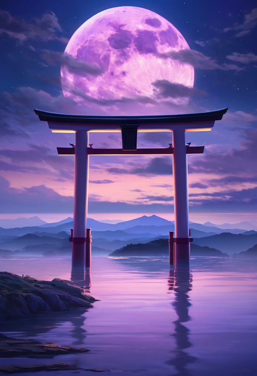 A breathtaking scene featuring a torii gate standing in the water under a full moon. The sky is filled with scattered clouds, painted in hues of blue and purple, creating a serene and mystical atmosphere. The reflection of the moon and the gate shimmers on the calm surface of the water. The horizon is adorned with distant mountains and a faint hint of sunset, adding to the ethereal beauty of the scene.
