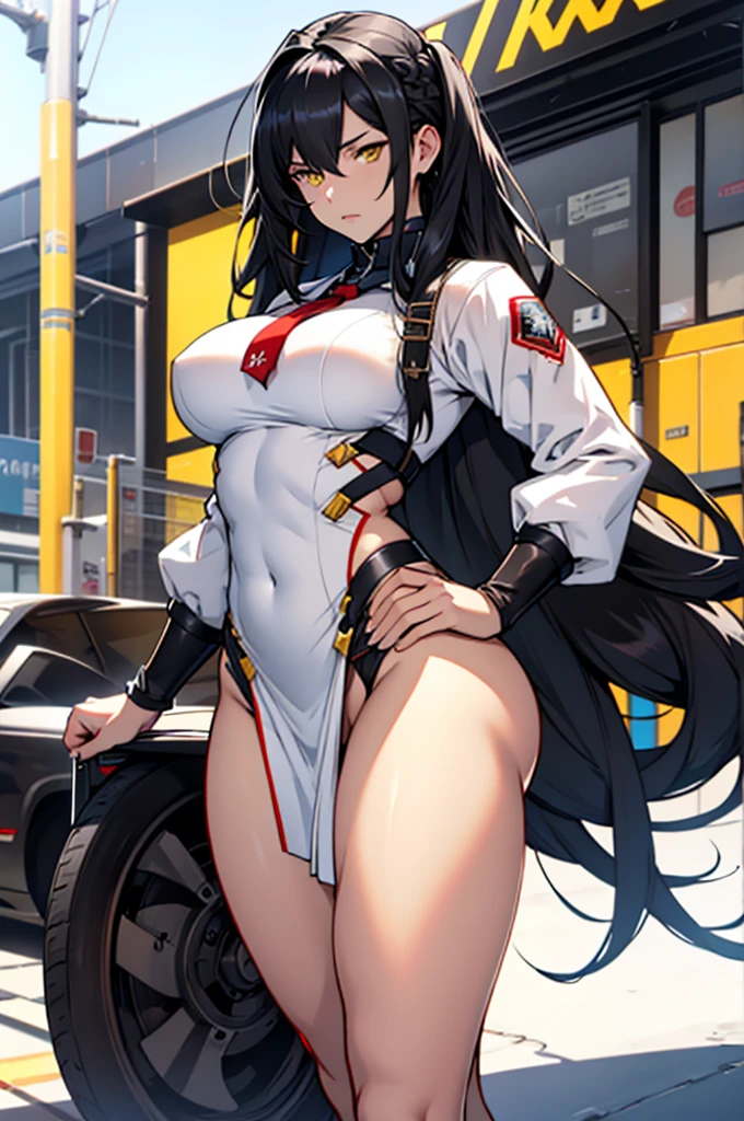 muscular 1 girl thick thighs thin waist perky breasts pale skin black hair long hair yellow eyes toned body tight, azur lane, Belfast