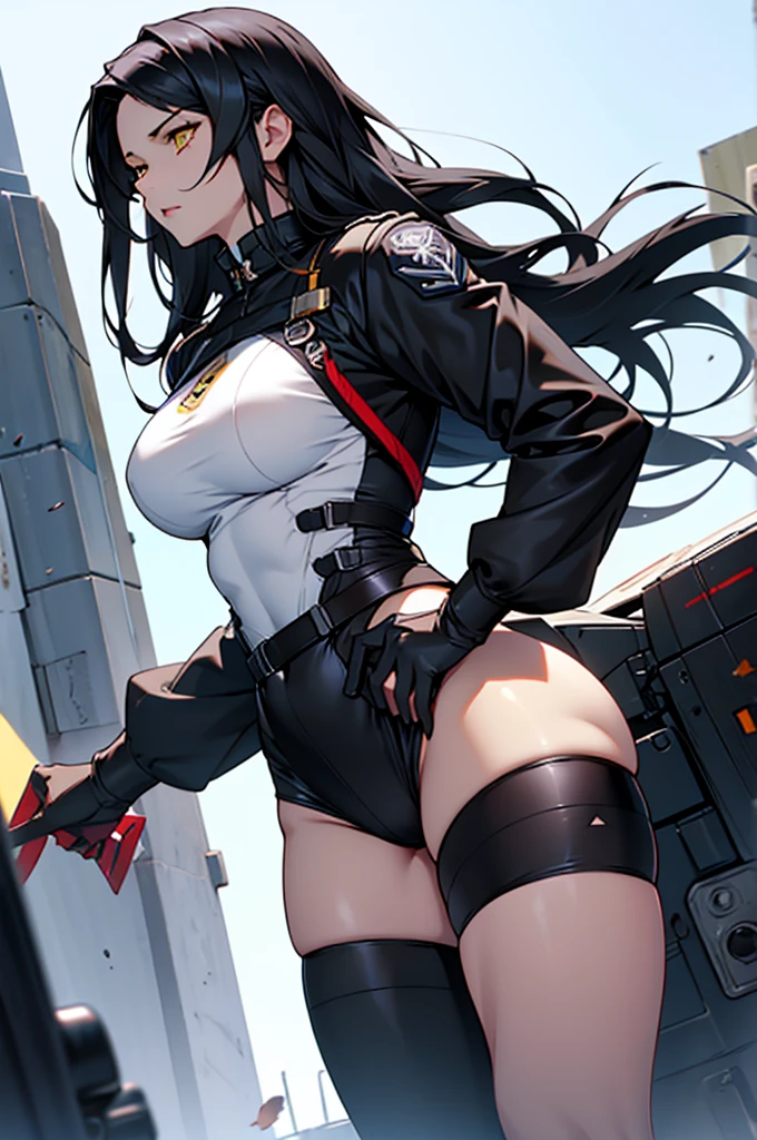 muscular 1 girl thick thighs thin waist perky breasts pale skin black hair long hair yellow eyes toned body tight, azur lane, Belfast 