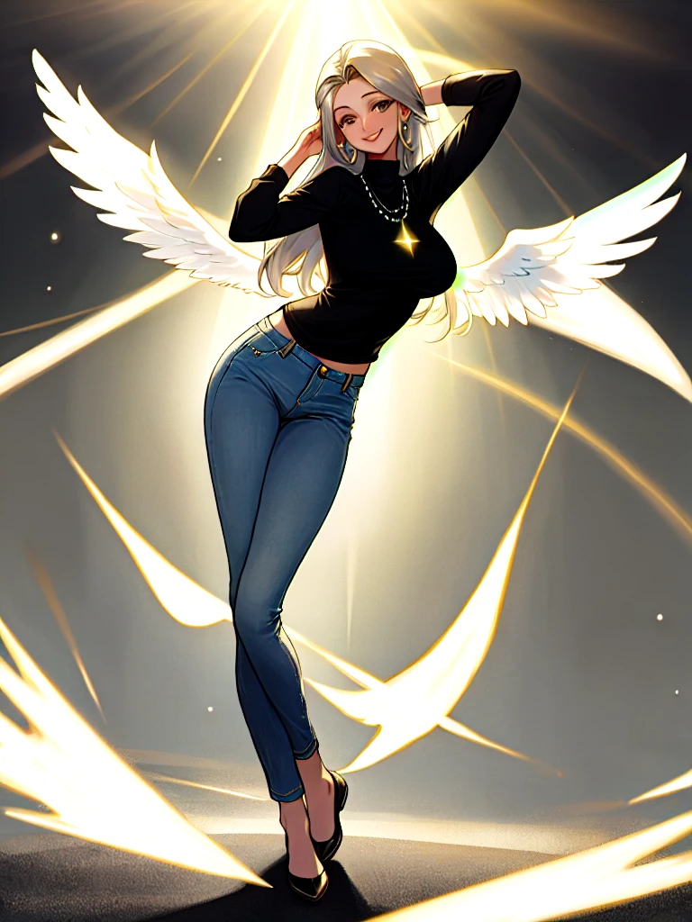 Hyperrealistic image of a young and beautiful woman, full body, big breasts, upturned nose, gray eyes, jeans, black sweatshirt, has angel wings, is smiling, has a ring of light over her head, the ring of light has pearl colors