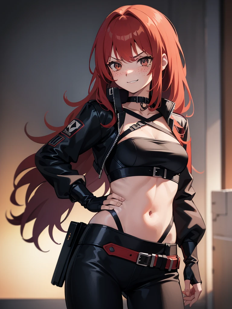 1 girl, Red hair, blushing, medium length hair, curly hair, freckles, angry smile, brown eyes,   body shape, fighter, small breasts, black choker, fingercut gloves, cropped top, cyberpunk jacket