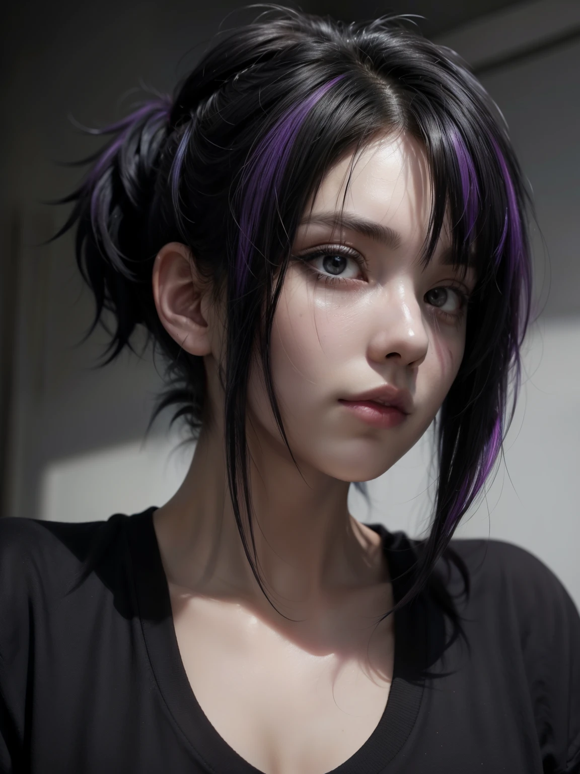 score_9, score_8_up, score_7_up, score_6_up, score_5_up, score_4_up, 1girl, emo, scene hair, emo hair, black hair purple highlights, black shirt