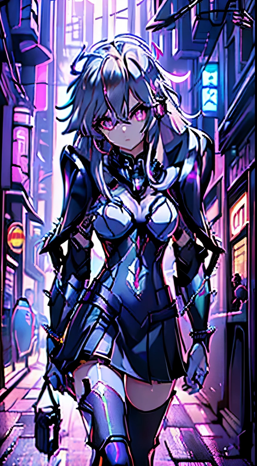 top-quality、Top image quality、masterpiece、Android Girl((sixteen years old 、Broken, skinny , cybersuit glowing black, red and white、neon energy source for the chest 、Light blue shiny hair、Long hair , spiky hair, messy hair, long fringe on hair, holding a chain whip, chains around her body, giant chains, Cyber Skirt、purple neon eyes 、Valley、Happiness、A slender))hiquality、Beautiful Art、Background streets (cyberpunk city、masutepiece、Elaborate design、visualart、Theatrical films, glowing neon eyes, cyberpunk, futuristic, white silver hair, no pupils on eyes