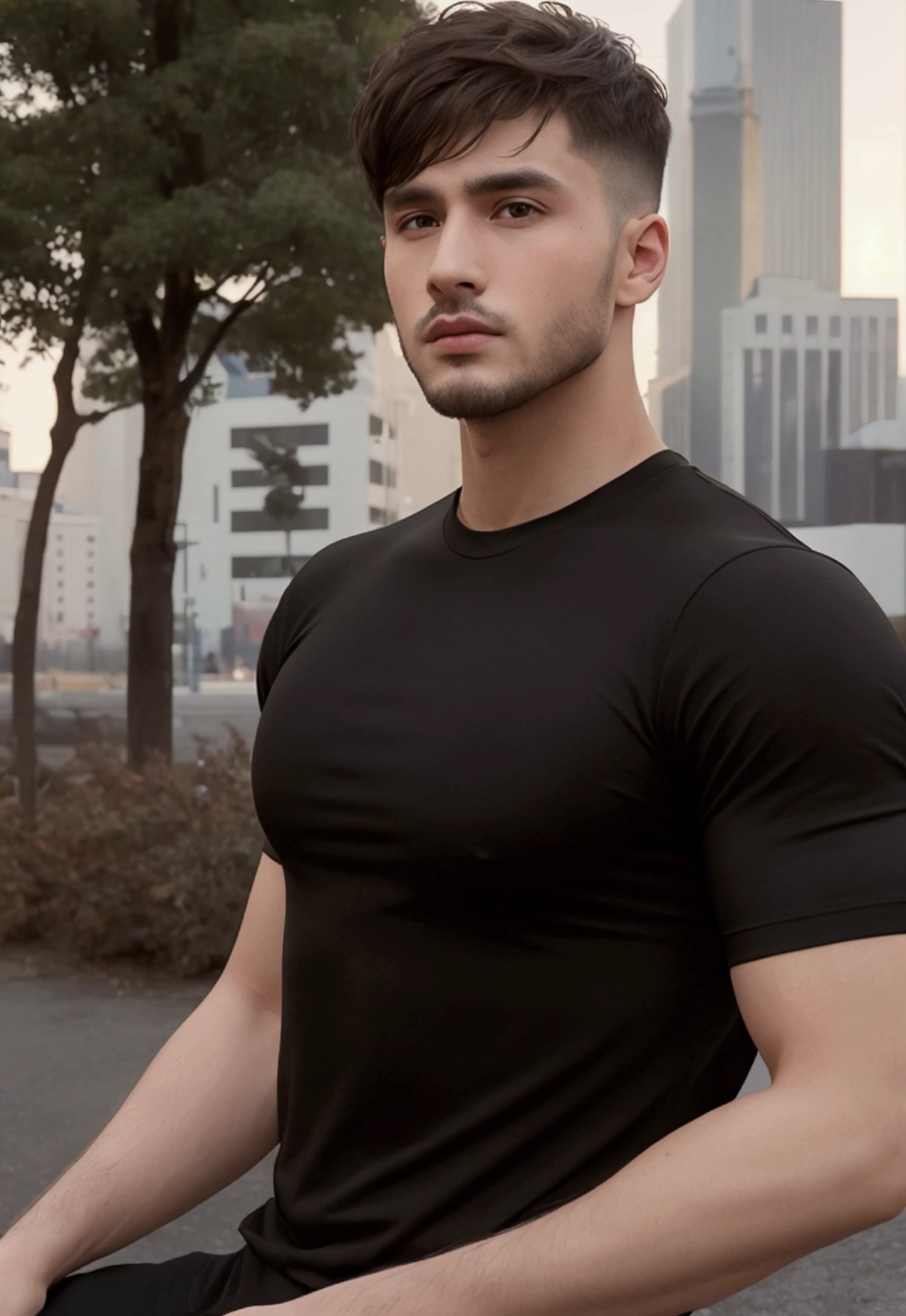 A young 25 year old man, bonitas, athletic body, wearing a black t-shirt tight to the body, super realistico, cinematic effect, short hair in military haircut style with deep brown hair, your hair is very short, he has a very light and low beard, background with dark environment, good lighting as if it were a scene from a movie, 8k, ultra realisitic, sharp, background trees and buildings.