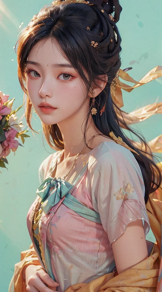 (RAW Photo, Best Quality), (Realistic, Photo Realistic: 1.3), Best Quality, Highly Detailed, Masterpiece, Hyperdetail, Illustration, 1 Girl, upper_body, Dynamic Angle, World Masterpiece Theater, messy_long_hair, Best Quality, Extremely Detailed CG Unified 8k Wallpaper, ink, Amazing, Cinematic Lighting, lens_flare, Chu Chu Touching,A kind face,A look of ecstasy,near-flat chest,Small Bust,Small breasts,A beautiful girl with a slim figure,Oriental Beautiful Girl,Light blue outfit,Light pink background,Suppress yellow,Beautiful nipples that can be seen from above,