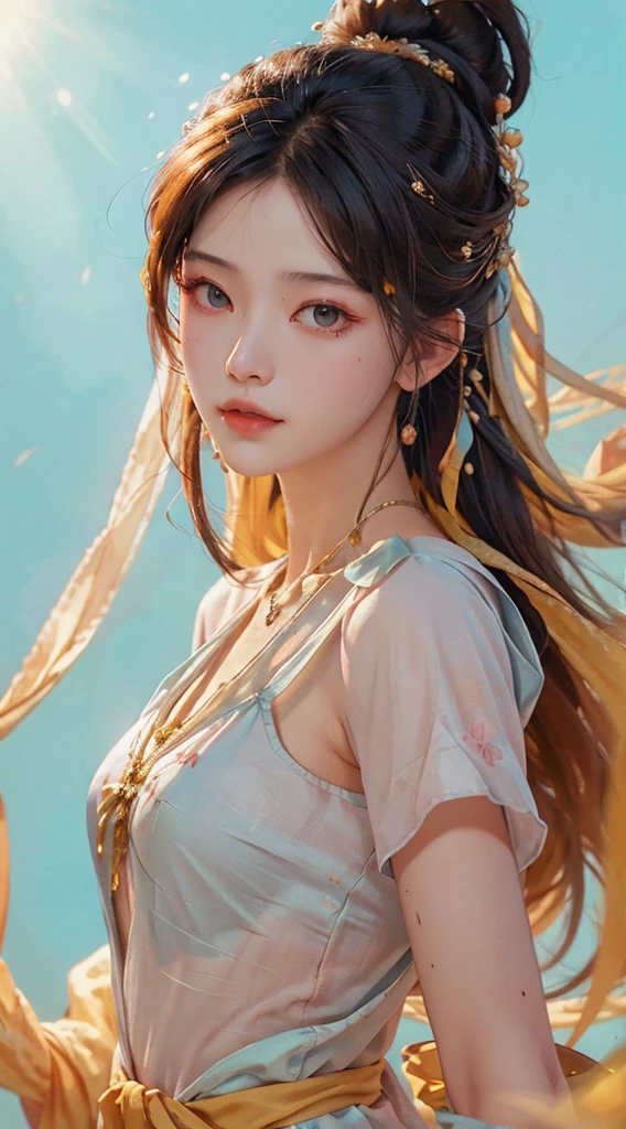 (RAW Photo, Best Quality), (Realistic, Photo Realistic: 1.3), Best Quality, Highly Detailed, Masterpiece, Hyperdetail, Illustration, 1 Girl, upper_body, Dynamic Angle, World Masterpiece Theater, messy_long_hair, Best Quality, Extremely Detailed CG Unified 8k Wallpaper, ink, Amazing, Cinematic Lighting, lens_flare, Chu Chu Touching,A kind face,A look of ecstasy,near-flat chest,Small Bust,Small breasts,A beautiful girl with a slim figure,Oriental Beautiful Girl,Light blue outfit,Light pink background,Suppress yellow,Beautiful nipples that can be seen from above,