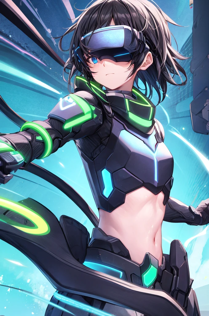 Sword art online, best quality, head-mounted display, Kirito, as a twink, with exposed belly and lower chest, surrounded by azure neon, short black hair, short black hair, NodesTech mascara, NodesTech headdress, wearing crop top cyborg armor
BREAK sci-fi background, detailed background,  azure neon background, data  