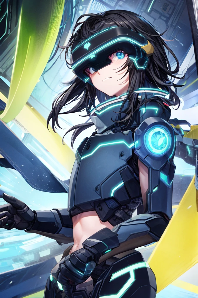 Sword art online, best quality, head-mounted display, Kirito, as a twink, with exposed belly and lower chest, surrounded by azure neon, short black hair, short black hair, NodesTech mascara, NodesTech headdress, wearing crop top cyborg armor
BREAK sci-fi background, detailed background,  azure neon background, data  