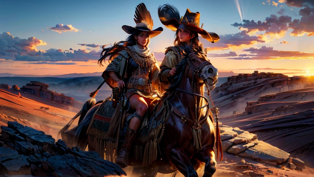 a cowgirl riding a horse through the wild west, beautiful detailed eyes, beautiful detailed lips, extremely detailed eyes and face, long eyelashes, detailed facial features, intricate details, photorealistic, 8k, hyperrealistic, highly detailed, ultra-detailed, masterpiece, (best quality,4k,8k,highres,masterpiece:1.2),ultra-detailed,(realistic,photorealistic,photo-realistic:1.37),stunning landscape, dramatic lighting, golden hour, warm color tones, beautiful natural lighting, dynamic composition, cinematic, epic, wild west, native american companion