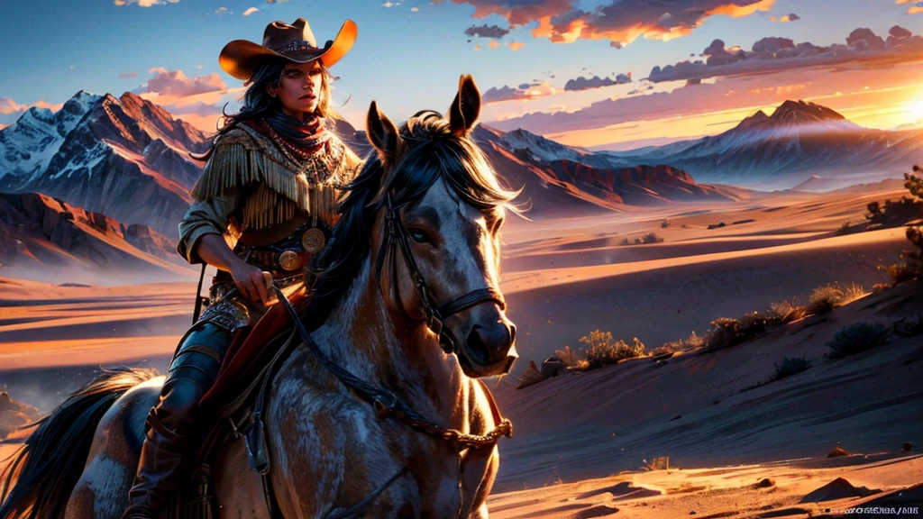 a cowgirl riding a horse through the wild west, beautiful detailed eyes, beautiful detailed lips, extremely detailed eyes and face, long eyelashes, detailed facial features, intricate details, photorealistic, 8k, hyperrealistic, highly detailed, ultra-detailed, masterpiece, (best quality,4k,8k,highres,masterpiece:1.2),ultra-detailed,(realistic,photorealistic,photo-realistic:1.37),stunning landscape, dramatic lighting, golden hour, warm color tones, beautiful natural lighting, dynamic composition, cinematic, epic, wild west, native american companion