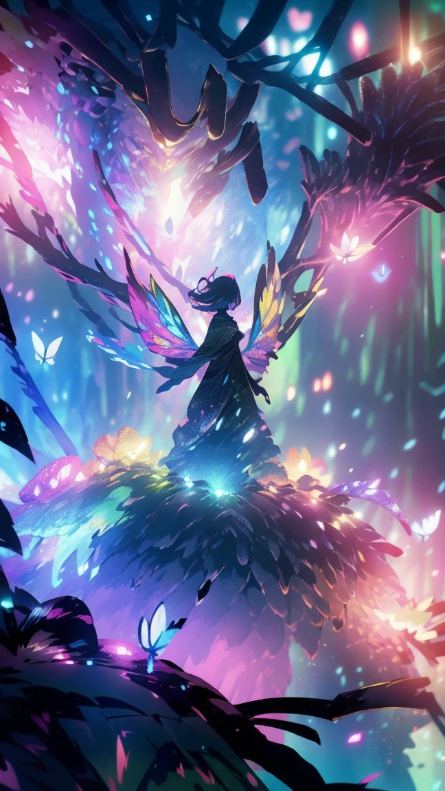 Enchanted mystical girl, neon colored butterflies, mini golden fairies, Glowing mushrooms releasing pollen., (ultrarealistic), {Extremely detailed 8k CG unit wallpaper}, (a low view that prioritizes the entire scene), (Open field view), (low angle shot), (Stand out: 1.5), (low light: 1.0), (warm light source: 1.0), Complex details, (Iridescent colors: 1.5), (bright lighting), (atmospheric lighting), nature, magical