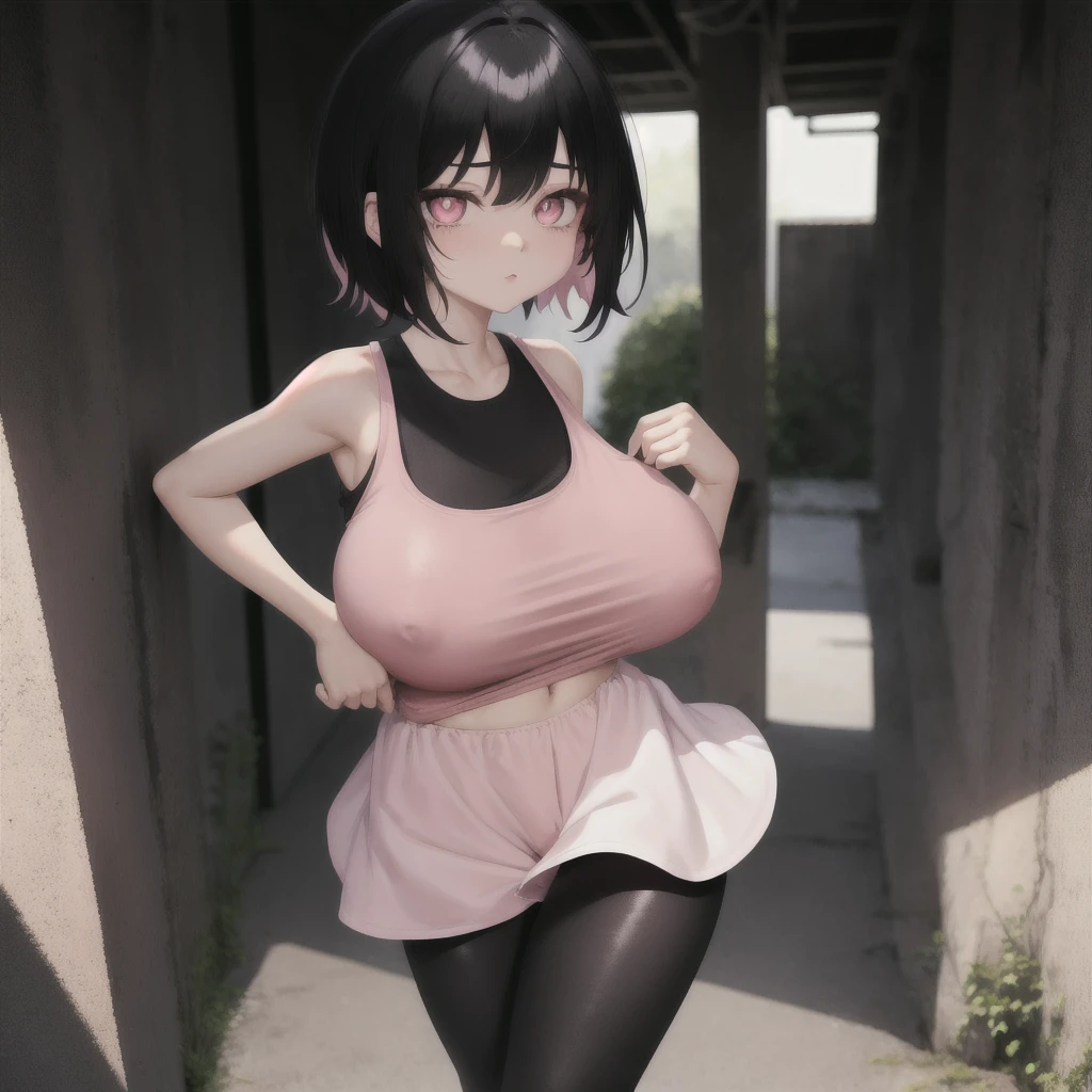 black hair, female, emo hair cut, solo, smol, pink eyes, massive breasts, wear open cut black tight tank top and pink leggings, masterpiece, ultra high quality