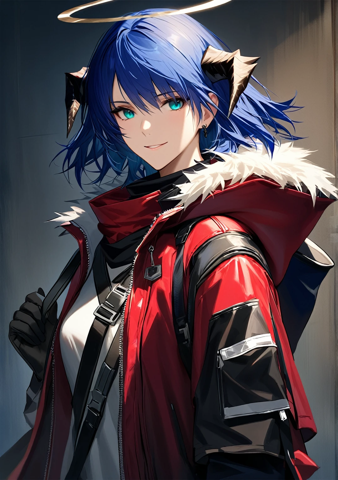 (woman), ((Mostima from arknights)), masterpiece, best quality, blue hair, ((short hair)), horns, plain white shirt, red fullbody coat, red hood, dark blue eyes, realistic anime style, smiling, ((portrait)), black gloves, carring a bag, halo.