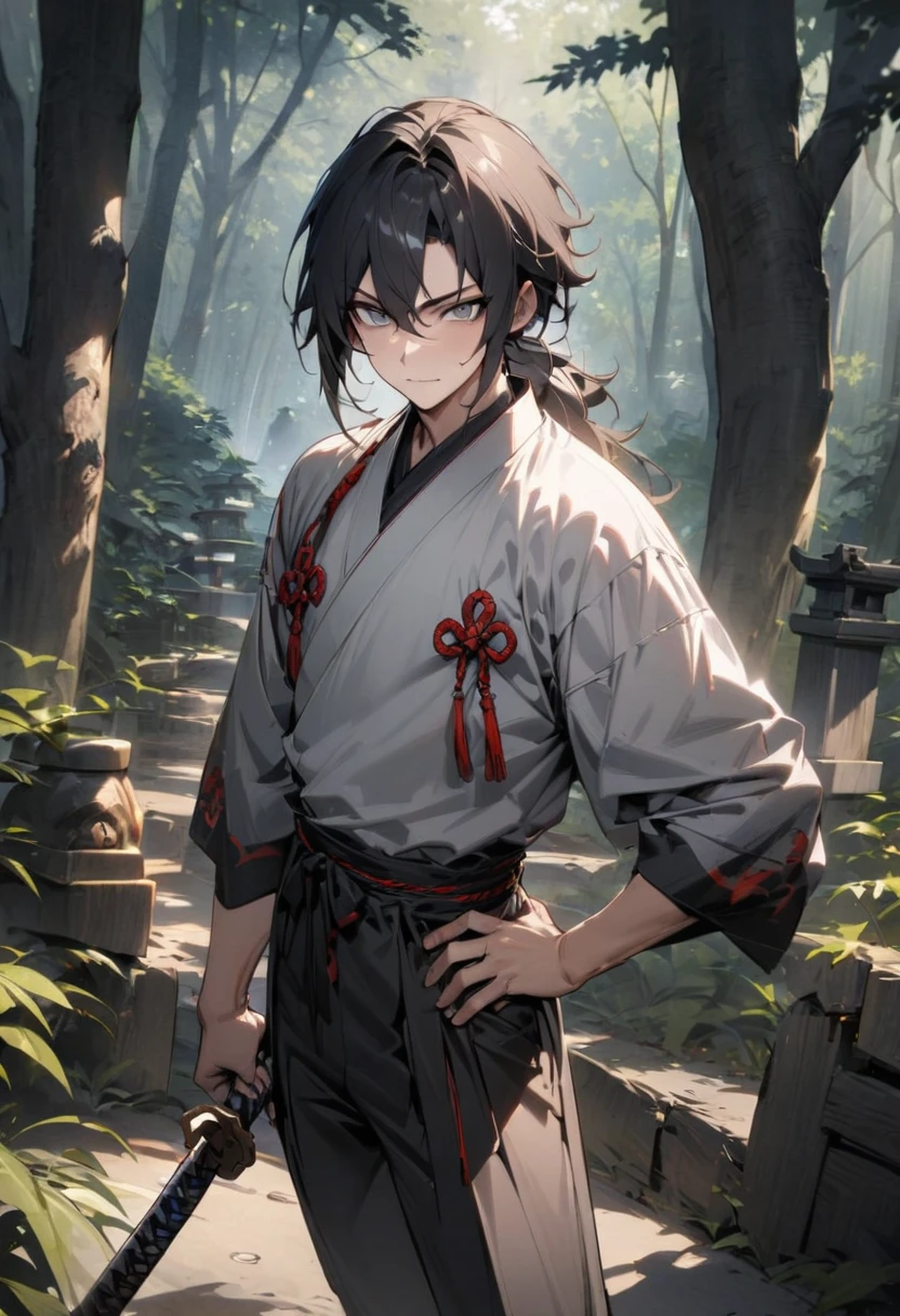 man with calm face ,Male Dark, dark Woods,Red & Black colors, gray eyes, samurai dnd, forest shrine background, katana in hip, masterpiece, detailed