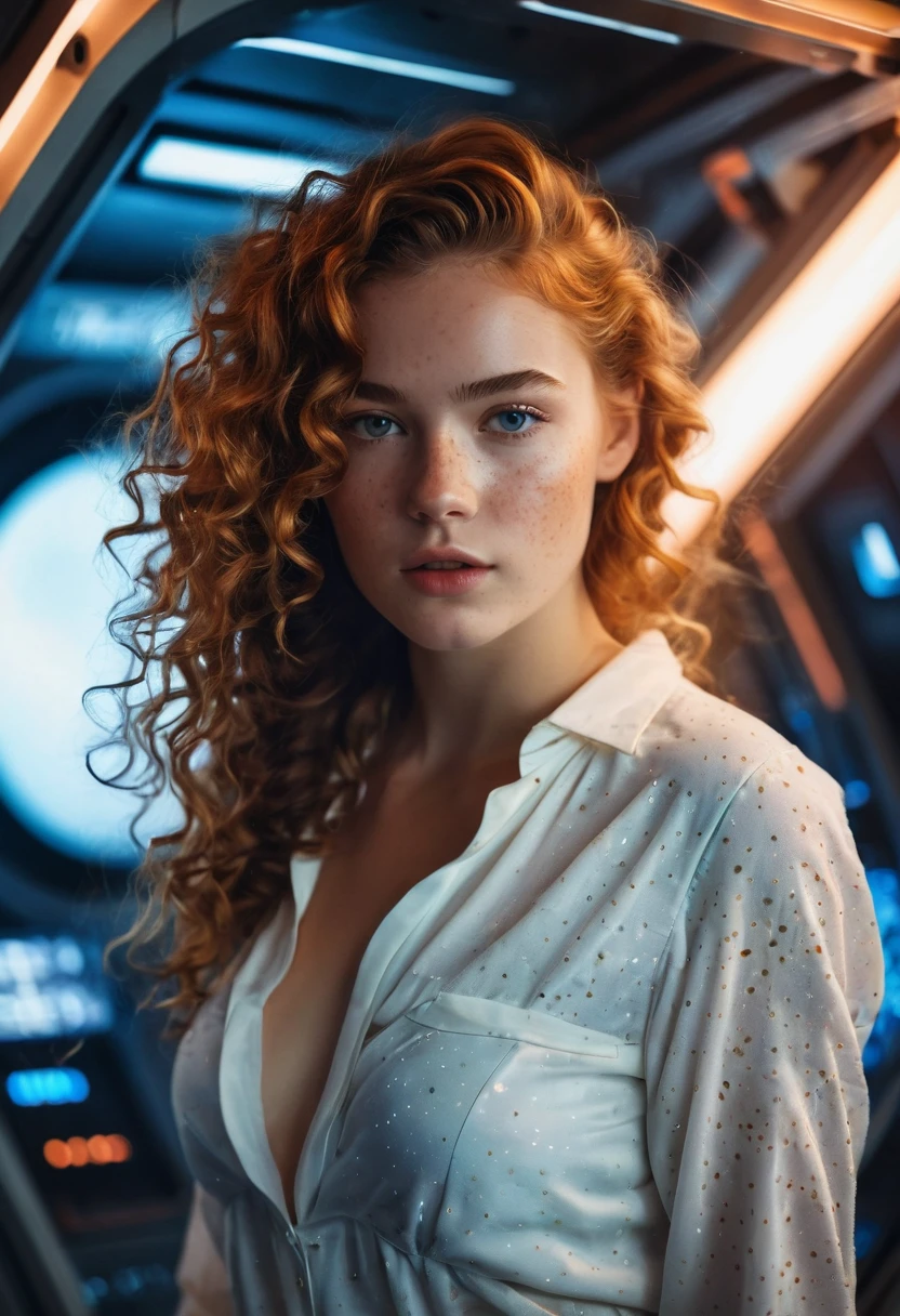 rmx, full body, beautiful girl, physical rendering photo of an 21 year old girl, curls, freckles, unbuttoned, white blouse, inside a spaceship background, light on face, dream, magical atmosphere, cinematic lighting, embers, fantasy, action pose, mist, CRU photo, 8k uhd, film grain
