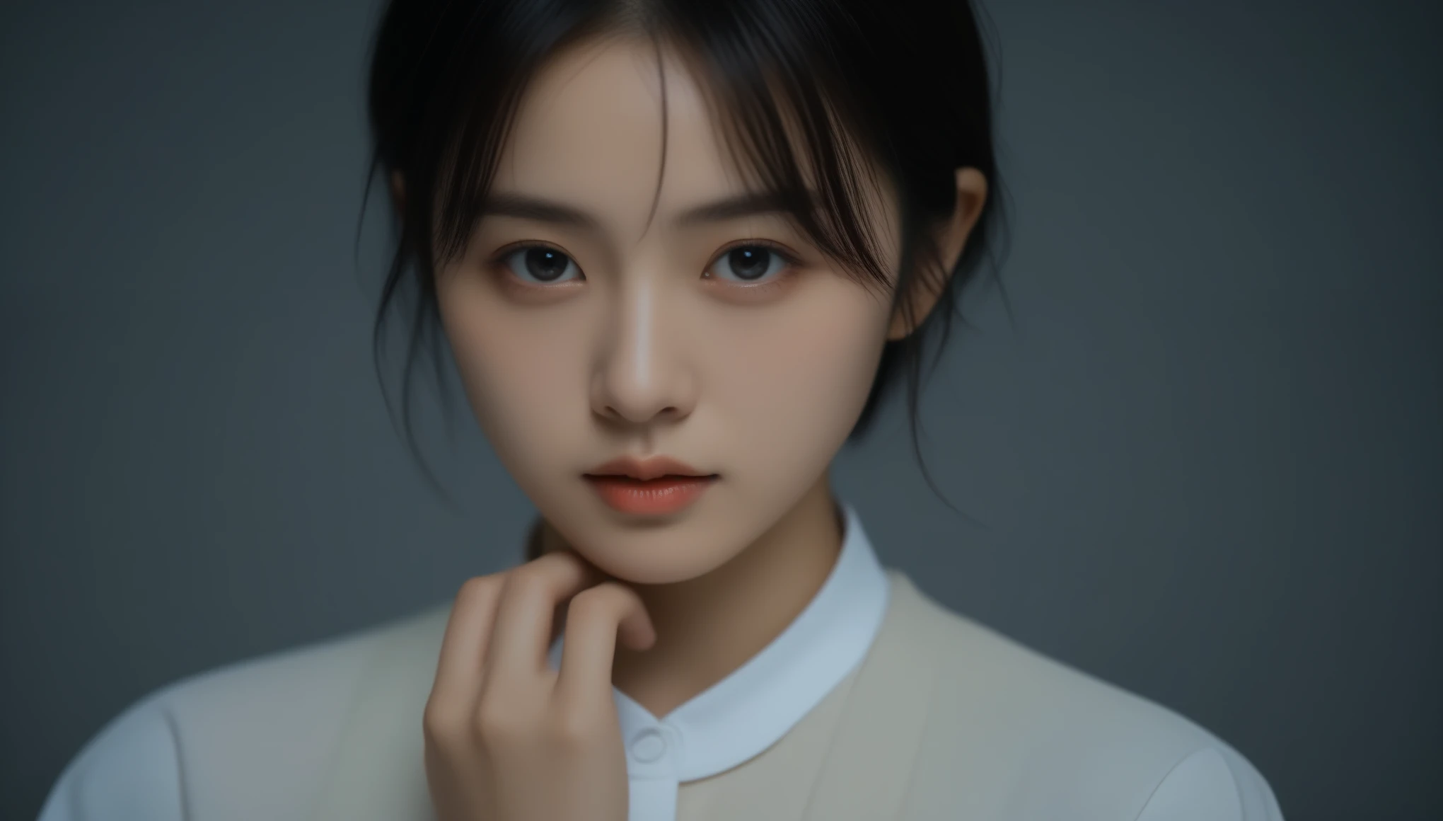 8k, Ultra-high resolution, Highest quality, masterpiece, 三分割法によるphotograph,Surreal, photograph, 1 Girl, (:1.3), pretty girl, Cute Face, Beautiful eyes in every detail, 細かくdetailedに,masterpiece,One Girl:1.2, Japan Female Announcer,extream close up,sad,streaming tears,Black short hair,Messy hair,(Nun's clothing:1.3),(印象派の美しい少女のPortraiture), (Gray background:1.3),(Impressionist light and colour),prayer,Realistic Skin, Perfect and beautiful face ,完璧でCute Face, Skin with attention to detail, Perfect limbs、Narrow waist,Looking at the audience、beauty,Long neck,clavicle,(((Ideal body type))),A cup small breasts :2,Portraiture:2,Perfect Anatomy,鮮明なdetailed,detailed,Surreal,Light and shadow,spotlight