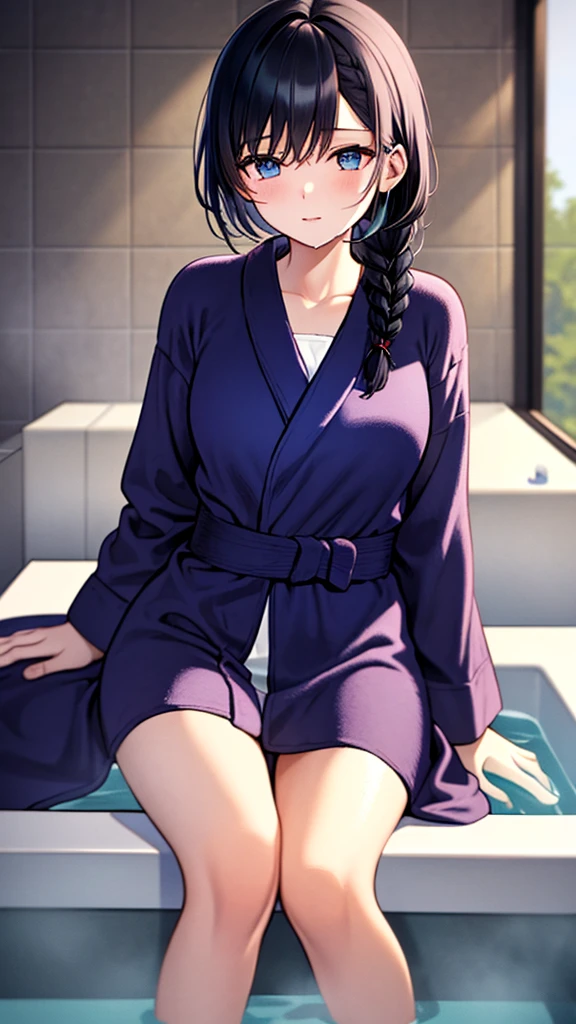 (((Masterpiece))),(((Best quality))),((Super detailed)),(illustration)，A black-haired, blue-eyed girl is sitting in the bath，A long braid on the shoulder，((Wearing a dark bathrobe))，Sit in the bathhouse，Black hair，Soaked