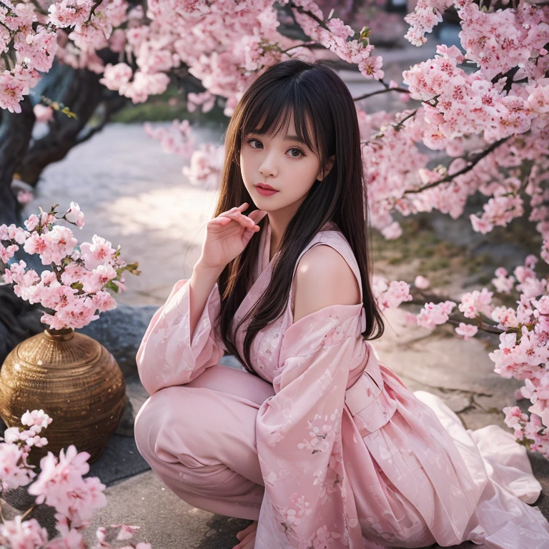 best quality, masterpiece, lifelike, 1 girl, solitary, eternity, Wearing a sakura yukata,  Kneeling, Detailed Background,  Delicate face，pink blush，，cold，((​masterpiece))、(top quality)、8k、high detail、Super detailed、 21 years old female，​masterpiece、born、fair、magic、realism、Visual effects、FXAA、SSAO、Shader、voiceless、ambient lighting、Tone mapping、High resolution、Ultra high quality、Million pixels、(8k resolution:1.10)、8k resolution、high detail、intricate details、 (high quality:1.2、​masterpiece:1.2、:1.21)、(21 years old female）
