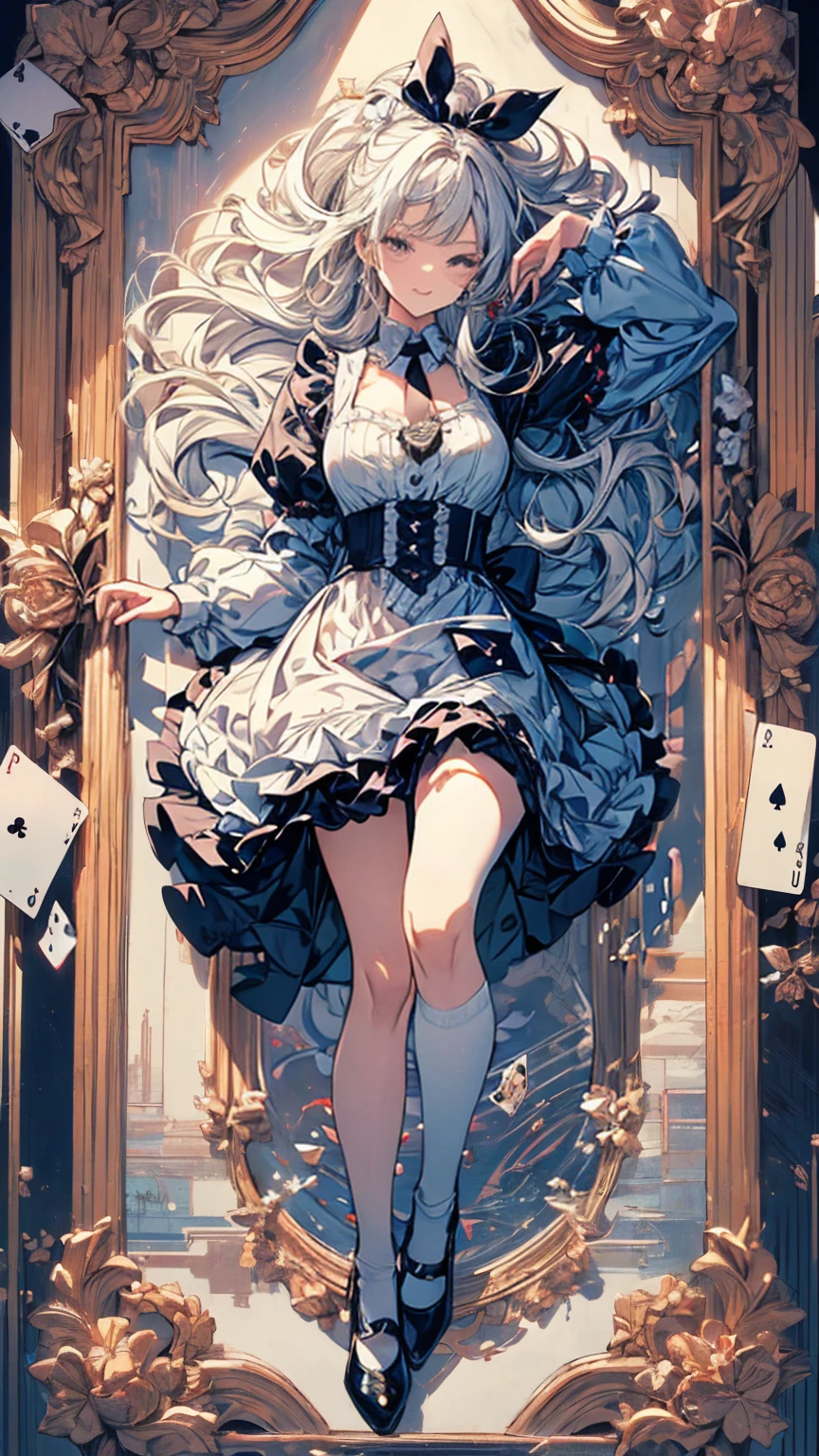 (high quality, mystery, Beautiful and generous, Ideal body proportions, Impressionism), (Ultra-high resolution, 8K Original Photo, Photorealism, Natural Lighting, Textile Shading), (1. A:1.3, Solitary:1.5, :1.1), (Fractal Pattern Art:1.2), Smooth skin, Tile pattern, ((Alice in Wonderland:1.2, Girl floating in the air:1.5, Smile with half-closed eyes)), ((Flying cards, trump card, Floating teacups, Floating teapot, Pocket Watch:1.3, Large mirror, Lipstick)), Cute anime white rabbit, ((Dark blue dress :1.5, mini skirt, White apron, White socks)), (Platinum gold, Tie your hair with a ribbon), (blue eyes, Bright students and highlights, Delicate eyes), (Supine:1.2, Lean Back:1.2, Leg lift:1.3), ((Hook of Holland:1.5, whole body:1.3, From below)), Different tone wallpaper, Color images, Simple background, excellent, fantasy:1.5, ((Correct anatomy:1.5, The right hand))