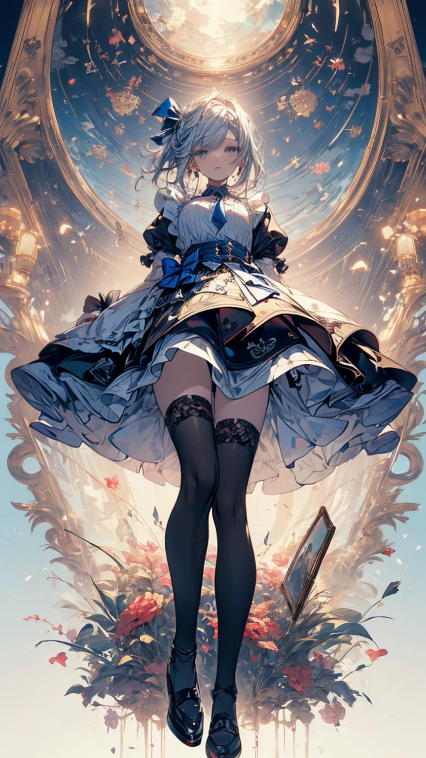(high quality, mystery, Beautiful and generous, Ideal body proportions, Impressionism), (Ultra-high resolution, 8K Original Photo, Photorealism, Natural Lighting, Textile Shading), (1. A:1.3, Solitary:1.5, :1.1), (Fractal Pattern Art:1.2), Smooth skin, Tile pattern, ((Alice in Wonderland:1.2, Girl floating in the air:1.5, Smile with half-closed eyes)), ((Flying cards, trump card, Floating teacups, Floating teapot, Pocket Watch:1.3, Large mirror, Lipstick)), Cute anime white rabbit, ((Dark blue dress :1.5, mini skirt, White apron, White socks)), (Platinum gold, Tie your hair with a ribbon), (blue eyes, Bright students and highlights, Delicate eyes), (Supine:1.2, Lean Back:1.2, Leg lift:1.3), ((Hook of Holland:1.5, whole body:1.3, From below)), Different tone wallpaper, Color images, Simple background, excellent, fantasy:1.5, ((Correct anatomy:1.5, The right hand))