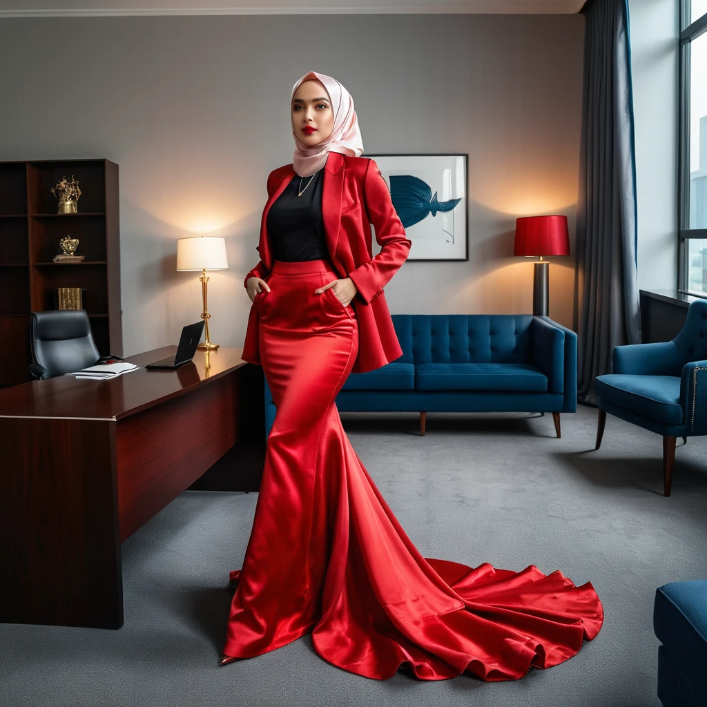 a woman in the mermaid long train silk red skirt,wear blazer, wear modern hijab, full body, long satin, red satin mermaid tight long skirt, flowy dramatic long gown, tall women, in office room, strugle to walk, wear high heels,  masterpice 