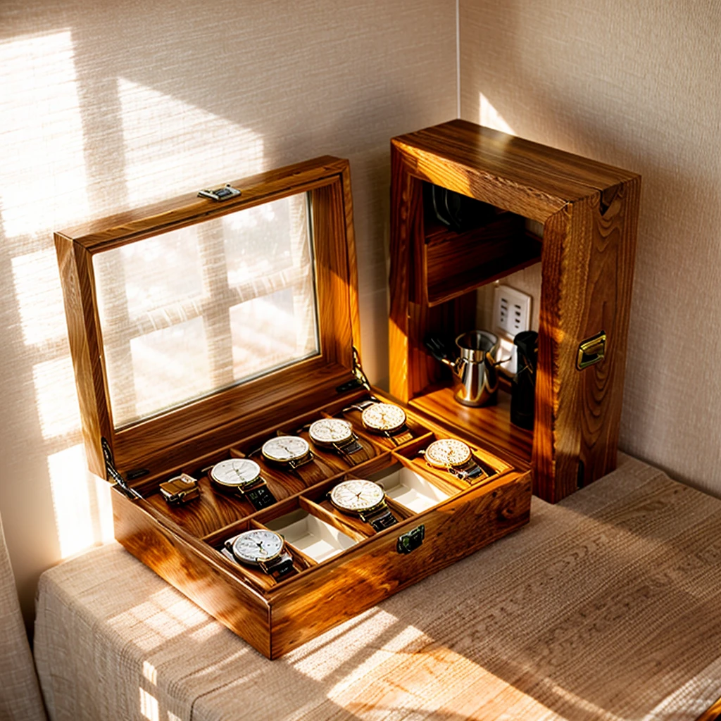 In this cozy room,A ray of sunlight shone through the half-drawn curtains on the table,Let the wood grain on the watch storage box shine with a faint luster。There was a calm and peaceful atmosphere in the air around them。There are several still lifes hanging on the walls of the room,It adds a touch of elegance to the space。And on the other side of the room,The half-open window lets in the breeze,The pages on the small desk by the window turned in the wind,This quiet scene gives a sense of tranquility and comfort。