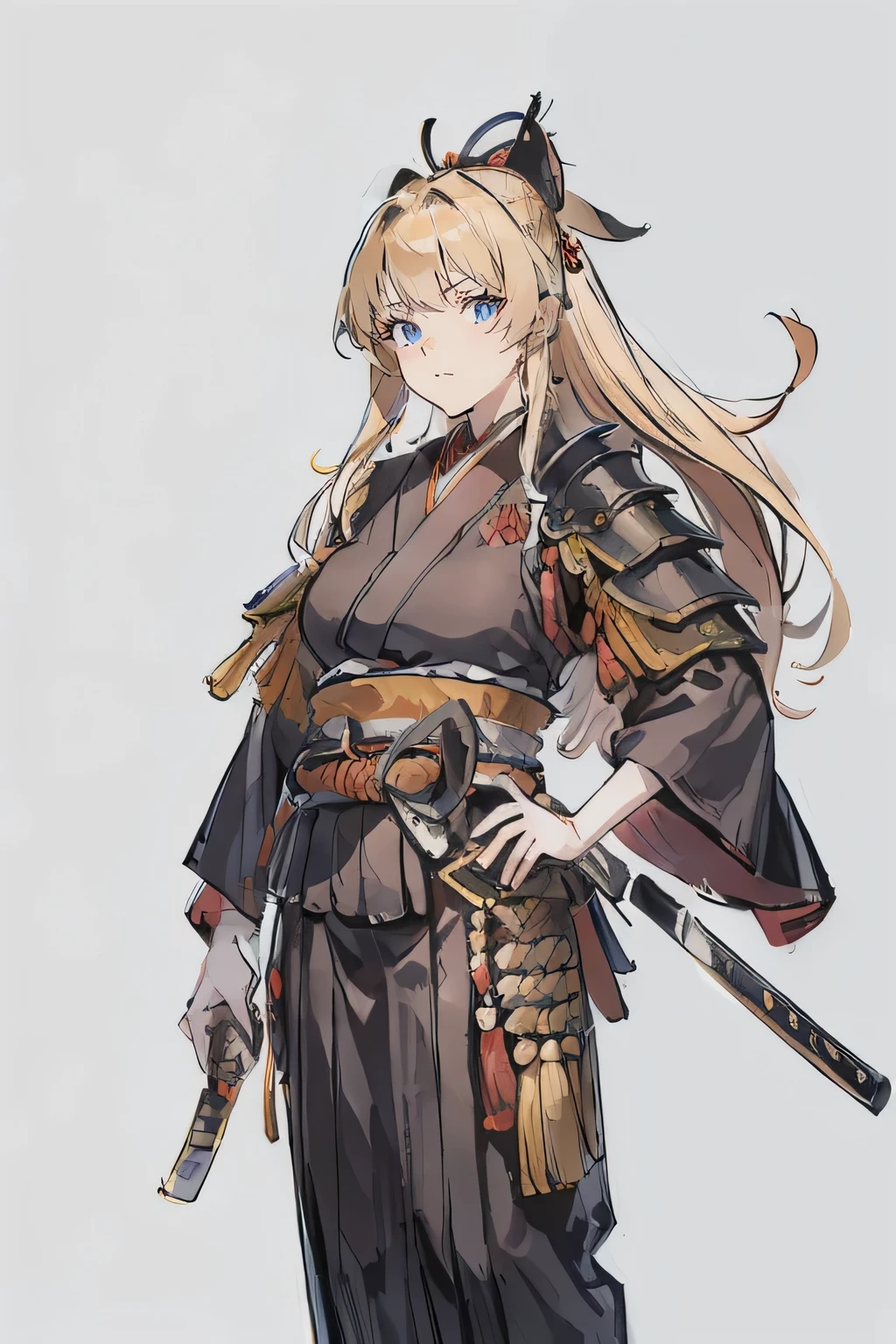 Sumogirl, a yellow haired , wearing a black sumo armor, long hair, fasion hair, samurai armor, slim body, hakama, tall 165cm, 22yearold, samurai, katana, female, beautiful, sexy, vilian face, use 2 katana