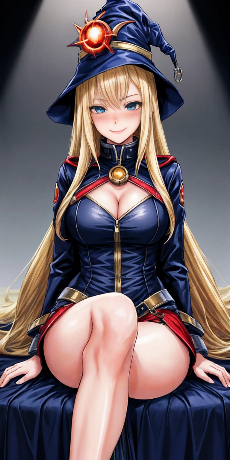 (4k, ultra high resolution, Prominence in Masterpiece, High Quality, Best Quality: 1.2) full body, 1 female, solo, 1girl, 1woman, lustful smirking smile blush, looking at viewer, sitting, blonde hair, long hair, (black jacket), beautiful and detailed face, detailed eyes, looking at the viewer (grey theme) close jacket (aesthetic clothing) hands on hips, wide hips, blonde long hair, blonde drill hair, blonde twin drills hair, blue wizard hat, Handcuffs on their hands, With a collar around the neck