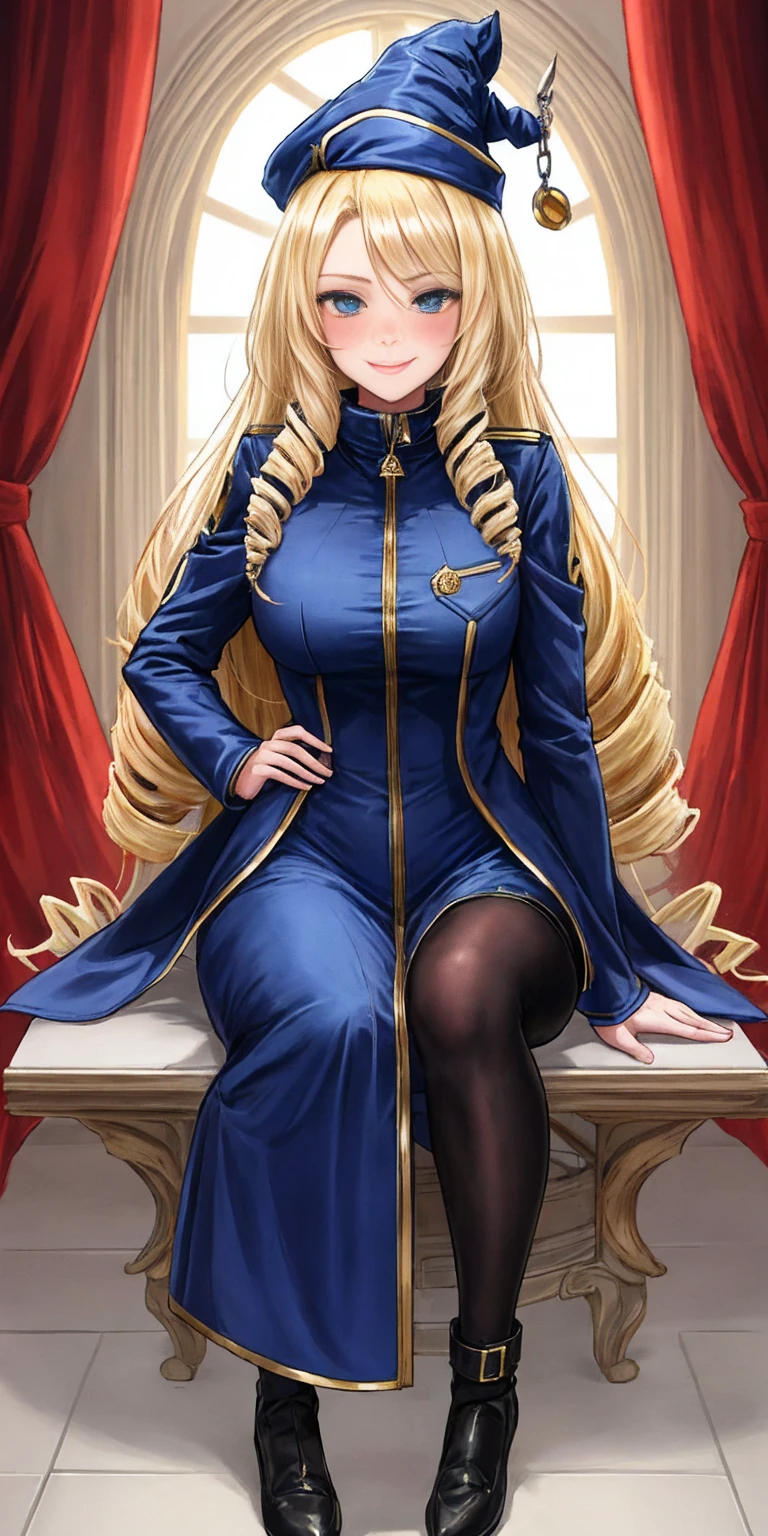 (4k, ultra high resolution, Prominence in Masterpiece, High Quality, Best Quality: 1.2) full body, 1 female, solo, 1girl, 1woman, lustful smirking smile blush, looking at viewer, sitting, blonde hair, long hair, (black jacket), beautiful and detailed face, detailed eyes, looking at the viewer (grey theme) close jacket (aesthetic clothing) hands on hips, wide hips, blonde long hair, blonde drill hair, blonde twin drills hair, blue wizard hat, Handcuffs on their hands, With a collar around the neck