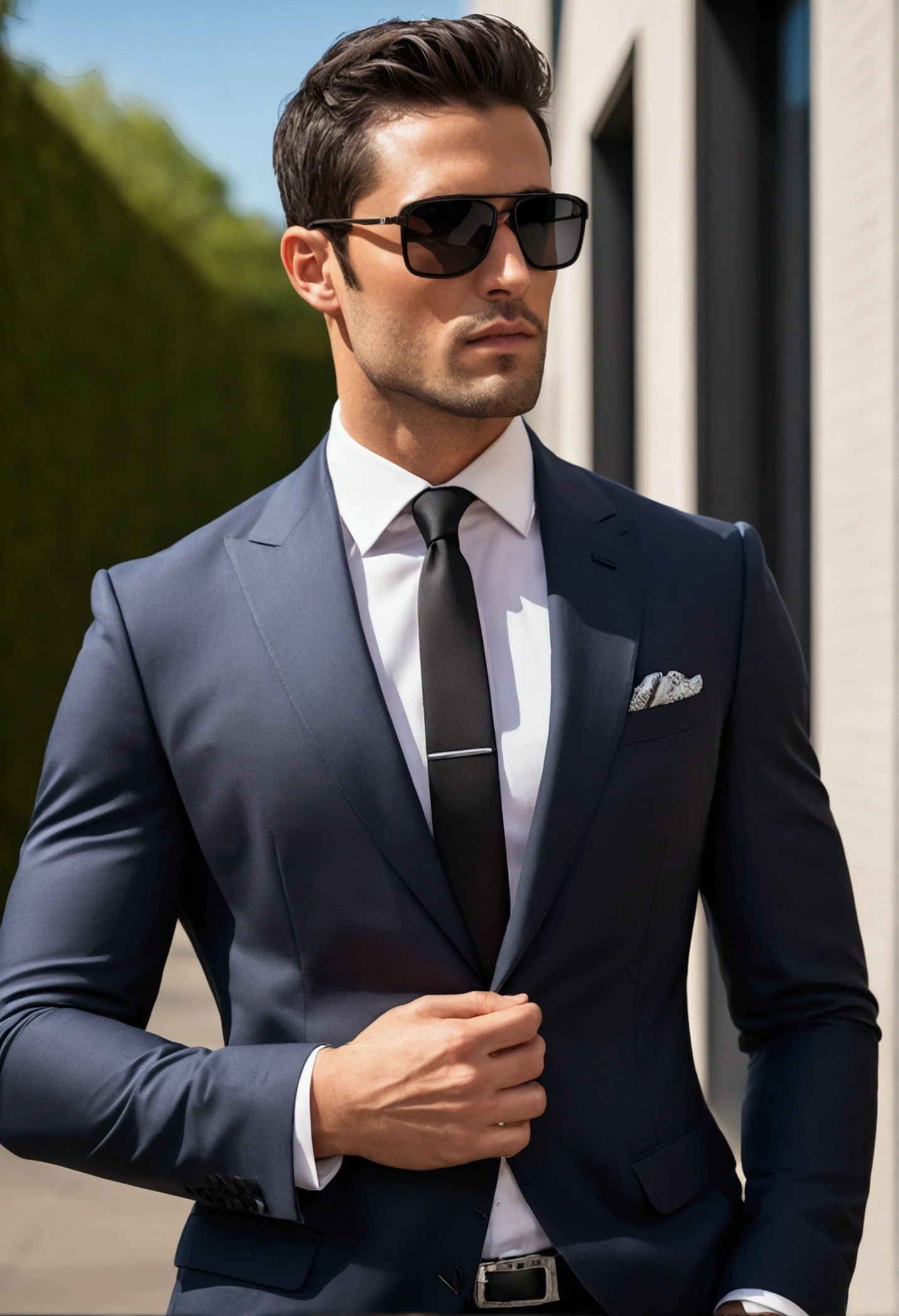 Attractive 30 year old athletic man with short dark hair wearing Hugo Boss business suit, black sunglasses, fine stubble, full body shot