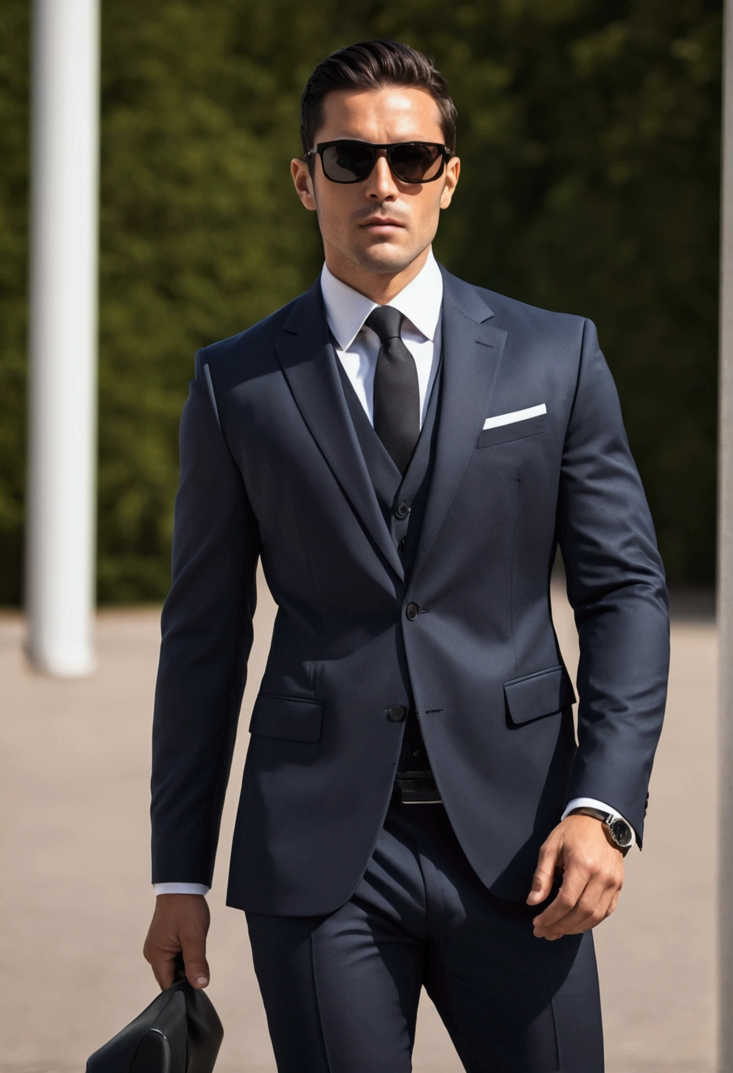 Attractive 30 year old athletic man with short dark hair wearing Hugo Boss business suit, black sunglasses, fine stubble, full body shot