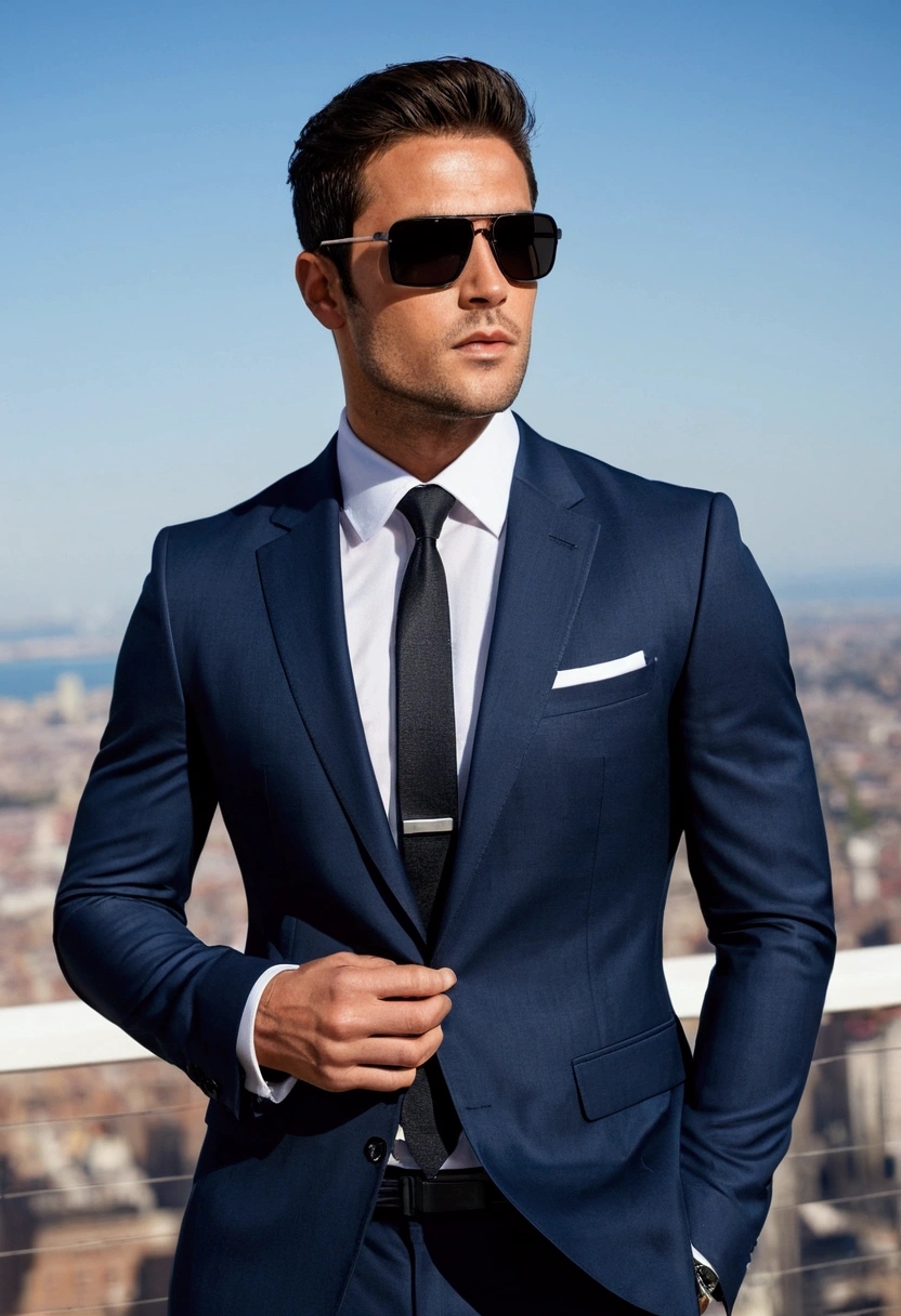 Attractive 30 year old athletic man with short dark hair wearing Hugo Boss business suit, black sunglasses, fine stubble, full body shot