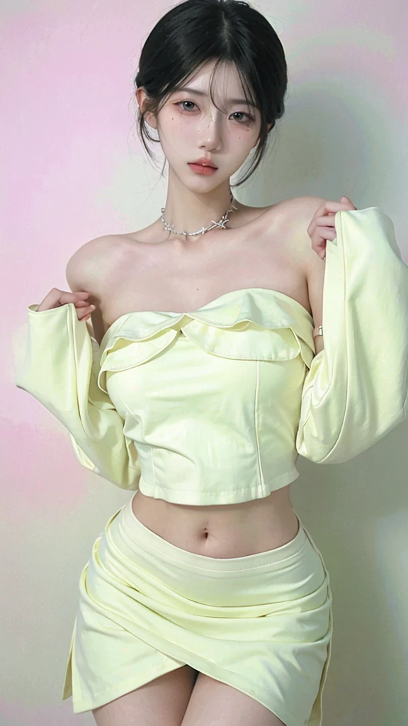 Beautiful woman with perfect figure:1.4,Ultra-high resolution,White background,(lifelike:1.4),Layered Hairstyle,White skin,Bikini:1.5,Super short pleated skirt,whole body,Very delicate face and skin texture,Double eyelids,Skin Whitening,short hair,White hair