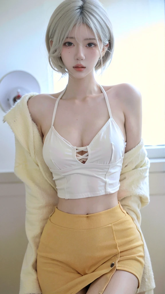 Beautiful woman with perfect figure:1.4,Ultra-high resolution,White background,(lifelike:1.4),Layered Hairstyle,White skin,Bikini:1.5,Super short pleated skirt,whole body,Very delicate face and skin texture,Double eyelids,Skin Whitening,short hair,White hair