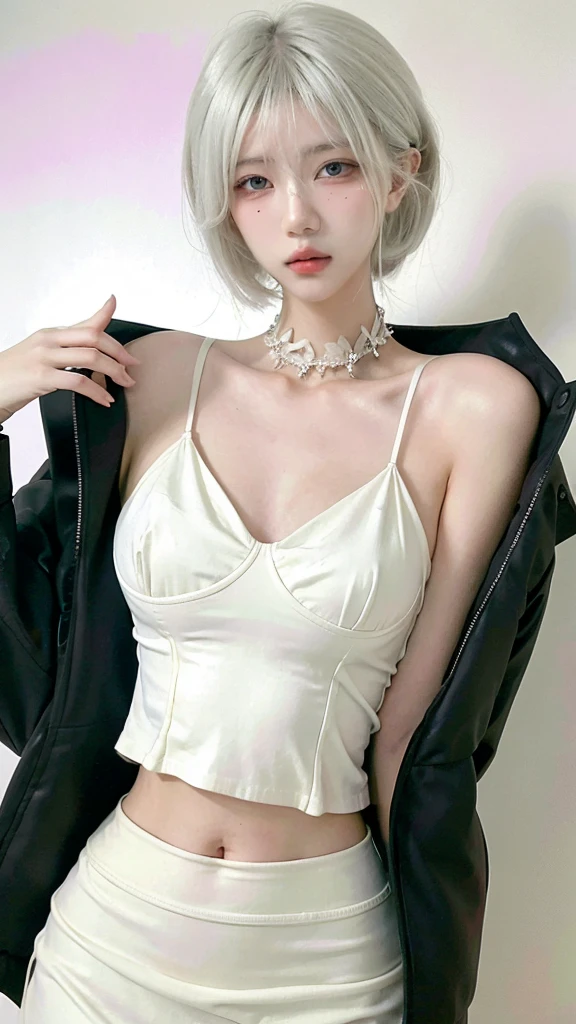 Beautiful woman with perfect figure:1.4,Ultra-high resolution,White background,(lifelike:1.4),Layered Hairstyle,White skin,Bikini:1.5,Super short pleated skirt,whole body,Very delicate face and skin texture,Double eyelids,Skin Whitening,short hair,White hair