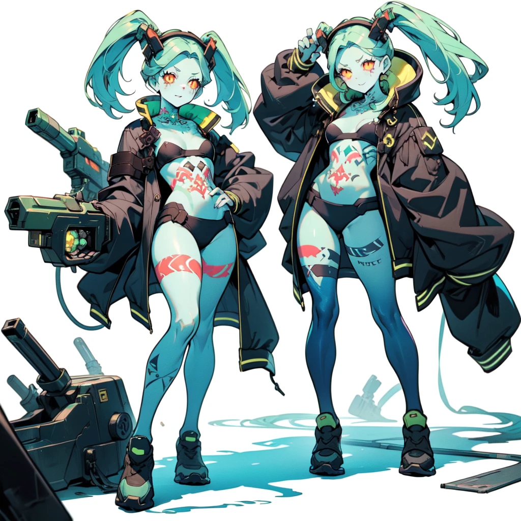 white background, 1girl, solo, full body, rebecca, yellow eye, mechanical eye, red sclera, leg tattoo, colored skin, tattoo, petite, navel,green hair, neck tattoo, small breasts, long hair, stomach tattoo,cyberpunk,Virgin killer sweater,1080P, best quality, high details, highres,