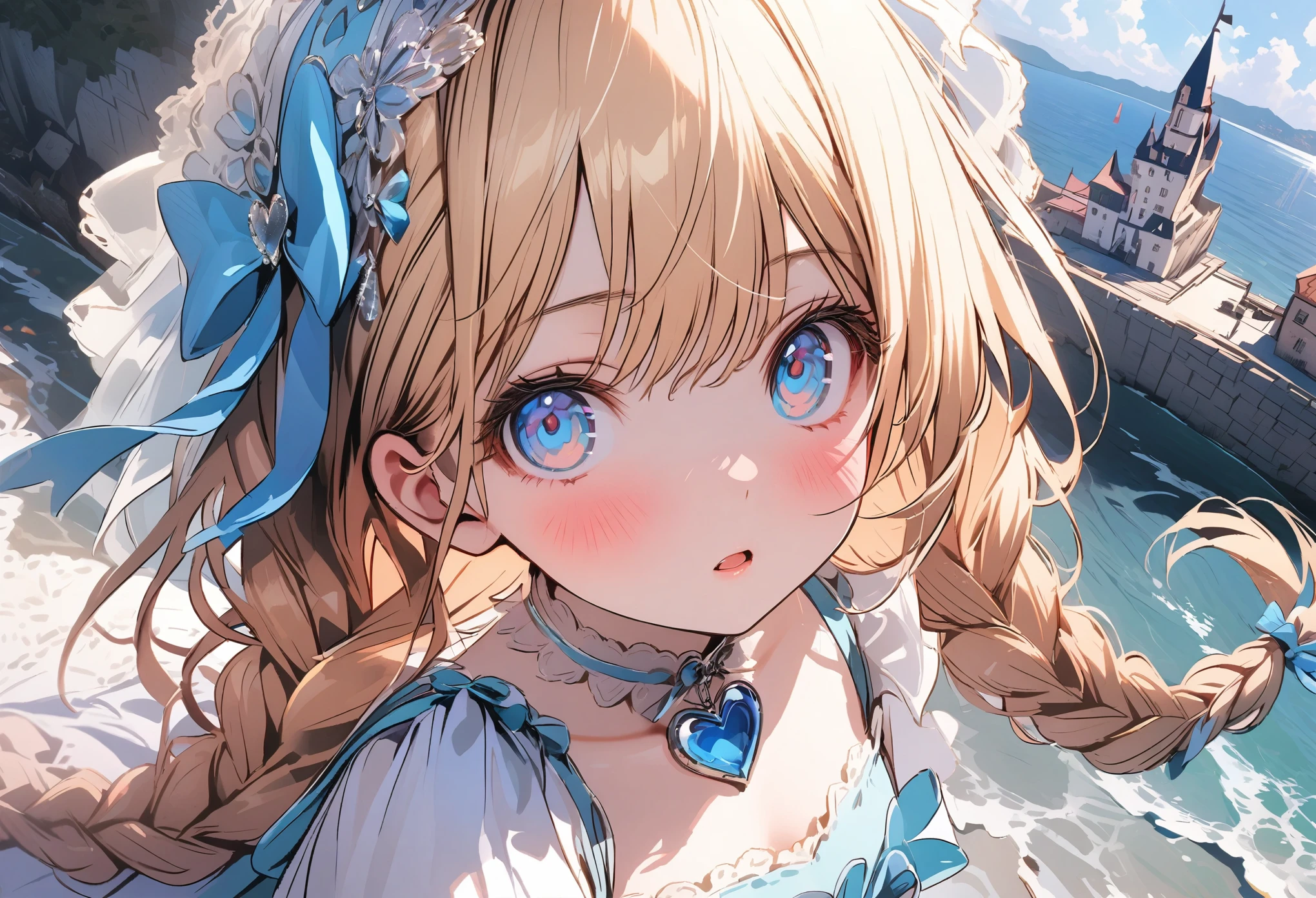 1female\(princes,cute,kawaii,age of 20,long braid hair,blonde,eye color ocean blue,big eyes,dynamic pose,wearing beautiful heart neck dress,looking away,looking up\), BREAK ,background\(castle,seashore\), BREAK ,quality\(8k,wallpaper of extremely detailed CG unit, ​masterpiece,hight resolution,top-quality,top-quality real texture skin,hyper realisitic,increase the resolution,RAW photos,best qualtiy,highly detailed,the wallpaper,cinematic lighting,ray trace,golden ratio\),,close up throat,[nsfw]