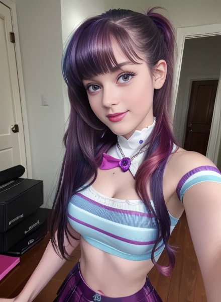 (masterpiece, The best quality, fotorrealist, High Resolutions, Director of photography, :1.3), Selfie photo of upper body, Sharp focus, 1 chica sexy, cute school girl , teen model, 16 year old teenager midriff, hermosa modelo adolesente , Highly detailed turquoise eyes and pupils, tiene senos grandes , slim body shape, neckline, extremely detailed hair, They're smiling, sexy, ((realist, super realistic, realism, Detalles realists)) mlp , Twilight Sparkle , mlp , cute makeup ,Red lips , nariz pequeña , long purple hair with pink highlights , long purple hair with pink highlights , pony tail , Whole body , smiling for the viewer , outfit gotico sexy , ropa de motociclista , Equestria girls , cuerpo completo