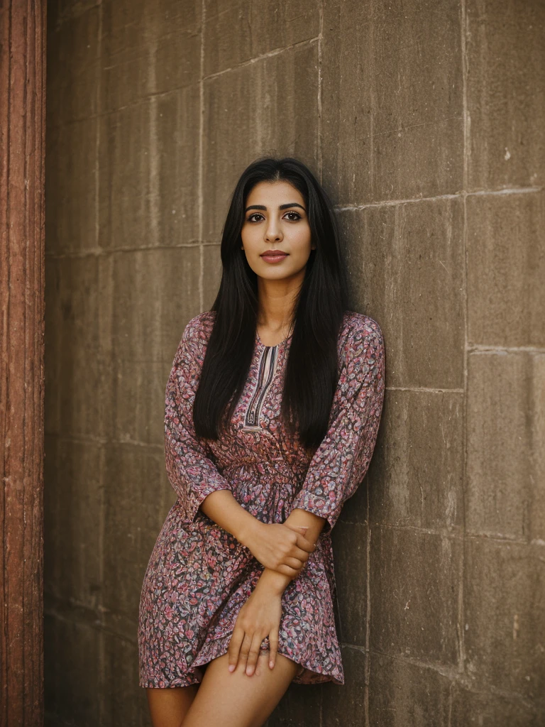 Rania, 1girl, solo, ((Egyptian woman)), consistent face and body, ((MILF)), ((30 years old)), (mature), ((slim)), ((Egyptian face)), (Egyptian nose), (Egyptian lips), long straight hair, upper body and upper legs, (background: Beirut vibrant nightlife), BREAK, (wearing printed dress clothes)