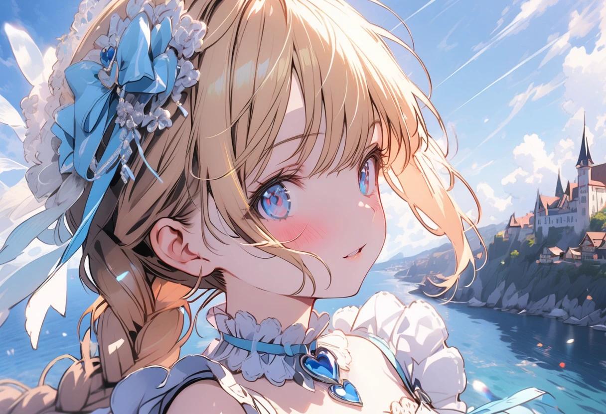 1female\(princes,cute,kawaii,age of 20,long braid hair,blonde,eye color ocean blue,big eyes,dynamic pose,wearing beautiful heart neck dress,looking away,looking up\), BREAK ,background\(castle,seashore\), BREAK ,quality\(8k,wallpaper of extremely detailed CG unit, ​masterpiece,hight resolution,top-quality,top-quality real texture skin,hyper realisitic,increase the resolution,RAW photos,best qualtiy,highly detailed,the wallpaper,cinematic lighting,ray trace,golden ratio\),,close up throat,[nsfw]