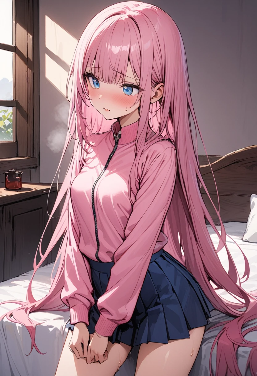 ((masterpiece,Highest quality:1.3,best quality illustration)),cowboy shot,独奏,1woman,(Mature Beauty),pink hair,straight long hair,bangs,light blue eyes,(gorgeous eyes),((very small head:1.3)),shy,((very long body:1.2,skinny)),small breasts,((Pink baseball jacket、Navy blue pleated mini skirt)),gleaming skin,oily skin,slender body,sweat,standing,Simple bed、Simple hotel bedroom、nsfw,