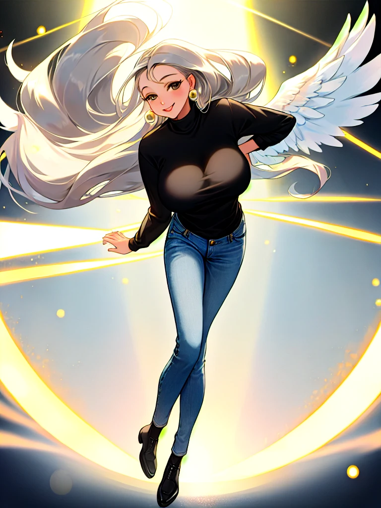 Hyperrealistic image of a young and beautiful woman, full body, big breasts, upturned nose, gray eyes, jeans, black sweatshirt, has angel wings, is smiling, has a ring of light over her head, the ring of light has pearl colors