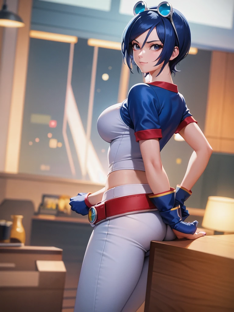 (at night), in a video game scene, a background of a beautiful city during the day raining, standing at attention, semi-short blue hair, blouse with an anime frog face, white flared pants, wearing blue fingerless exercise gloves, has round goggles on her head, huge belt with a round eyeglass, ((blue hair)), 1 girl, alone, 20 years old, young woman, perfect hands, beautiful fingers, beautiful long legs, beautiful body, beautiful nose, beautiful design of characters, perfect face, looking at the viewer with serious gesture (focusing on his face), closed mouth, Light_Smile, official art, extremely detailed CG unity 8k wallpaper, perfect lighting, bright and colorful front lighting, glowing skin (masterpiece : 1.0), (best_quality: 1.0), ultra high resolution, 4K, ultra detailed photography, 8K, HDR, high resolution, nonsense:1.2, Kodak portra 400, film grain, background blur, bokeh:1.2, lens flare, (vibrant_color:1.2), professional photography, (beautiful_face: 1.5), (narrow waist),