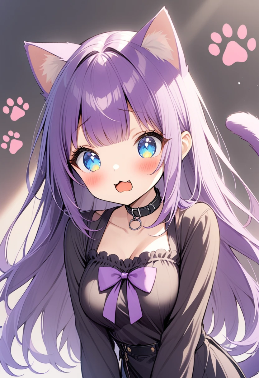 1girl, Blue eyes, Long Hair, Bangs, Purple Hair, Breasts, black collar, cat ears, purple cat tail, black clothes, paw prints, light blush, silly face