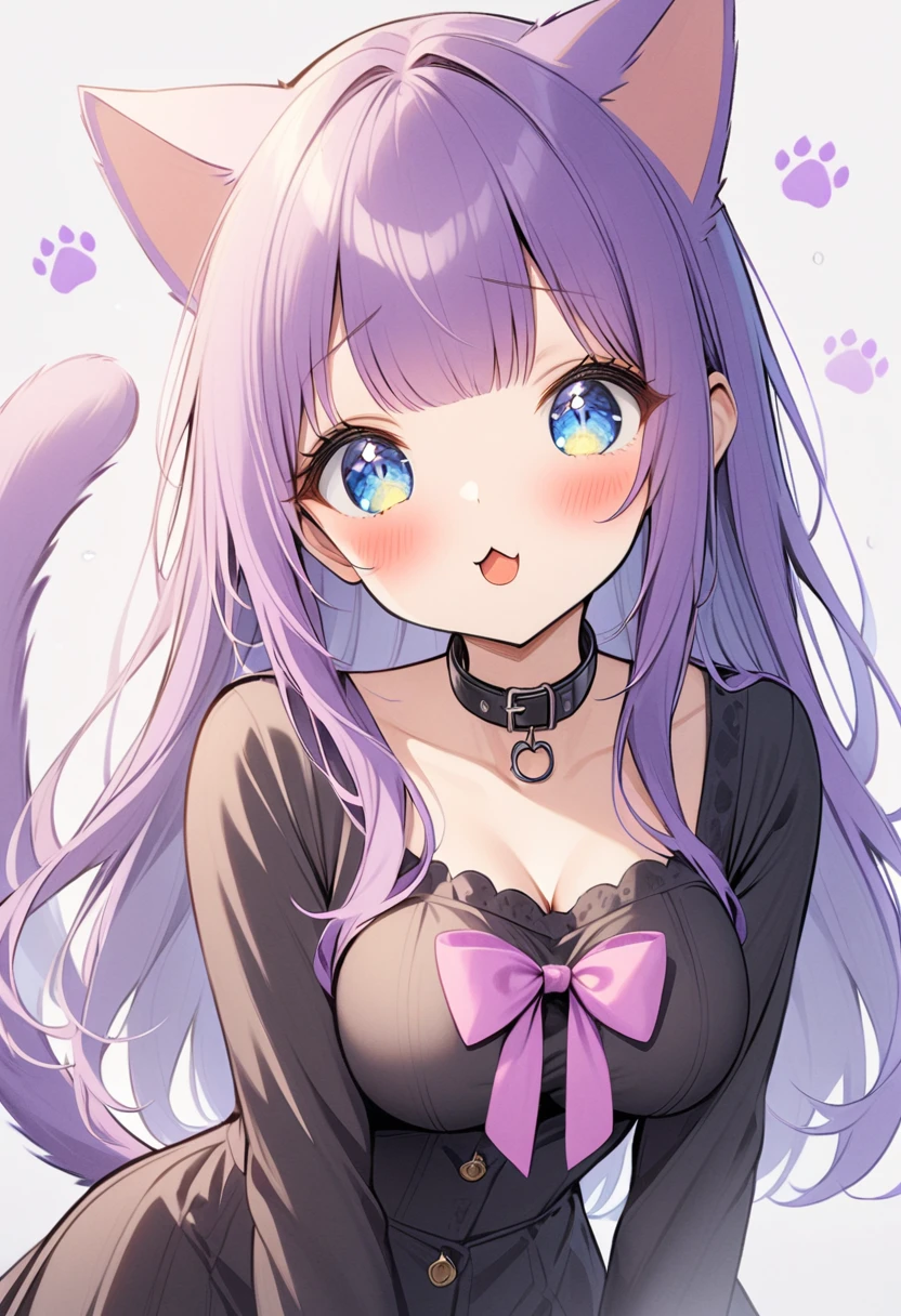 1girl, Blue eyes, Long Hair, Bangs, Purple Hair, Breasts, black collar, cat ears, purple cat tail, black clothes, paw prints, light blush, silly face