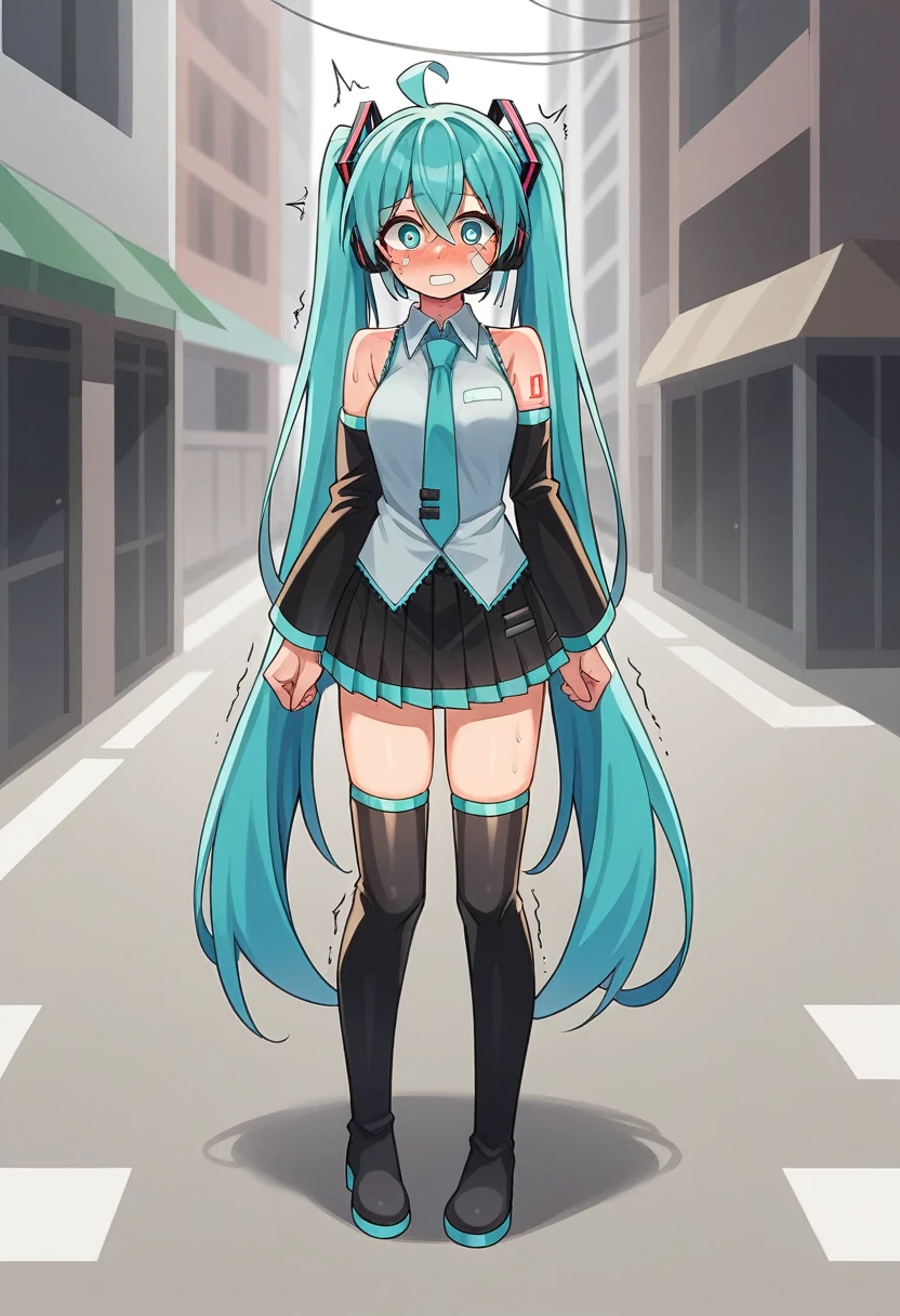 hatsunemiku, miku hatsune, ahoge, aqua eyes, aqua hair, crossed bangs, hair between eyes, hair ornament, headphones, long hair, twintails, BREAK aqua necktie, black footwear, black skirt, black sleeves, boots, collared shirt, detached sleeves, grey shirt, necktie, pleated skirt, shirt, skirt, sleeveless, sleeveless shirt, thigh boots, tie clip, BREAK looking at viewer, BREAK outdoors, city, BREAK (masterpiece:1.2), best quality, high resolution, unity 8k wallpaper, (illustration:0.8), (beautiful detailed eyes:1.6), extremely detailed face, perfect lighting, extremely detailed CG, (perfect hands, perfect anatomy), Get blush, (Best Quality: 1.5), (black-red lingerie panties). (((Twisting the skirt))). Detailed female genitalia. (((Trembling girl ))). Big Breast. get blush. (((Grabbing the hem of the skirt))). Pants with drawstrings on the sides. Full body standing. Pubic tattoo, Face full of scars、Skin shiny with sweat、 injured scared girl、 crying wet bursting out eyes, real tears streaming down face, ultra-detailed eyes,bandaid on face,covered with mud,expression of despair,Illumination that emphasizes shiny sweat{{{Spread }}},(crotch rope walking:1.0)