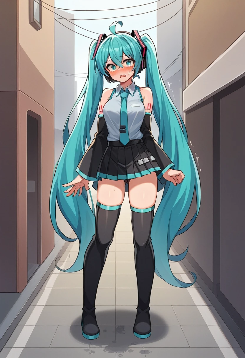 hatsunemiku, miku hatsune, ahoge, aqua eyes, aqua hair, crossed bangs, hair between eyes, hair ornament, headphones, long hair, twintails, BREAK aqua necktie, black footwear, black skirt, black sleeves, boots, collared shirt, detached sleeves, grey shirt, necktie, pleated skirt, shirt, skirt, sleeveless, sleeveless shirt, thigh boots, tie clip, BREAK looking at viewer, BREAK outdoors, city, BREAK (masterpiece:1.2), best quality, high resolution, unity 8k wallpaper, (illustration:0.8), (beautiful detailed eyes:1.6), extremely detailed face, perfect lighting, extremely detailed CG, (perfect hands, perfect anatomy), Get blush, (Best Quality: 1.5), (black-red lingerie panties). (((Twisting the skirt))). Detailed female genitalia. (((Trembling girl ))). Big Breast. get blush. (((Grabbing the hem of the skirt))). Pants with drawstrings on the sides. Full body standing. Pubic tattoo, Face full of scars、Skin shiny with sweat、 injured scared girl、 crying wet bursting out eyes, real tears streaming down face, ultra-detailed eyes,bandaid on face,covered with mud,expression of despair,Illumination that emphasizes shiny sweat{{{Spread }}},(crotch rope walking:1.0)