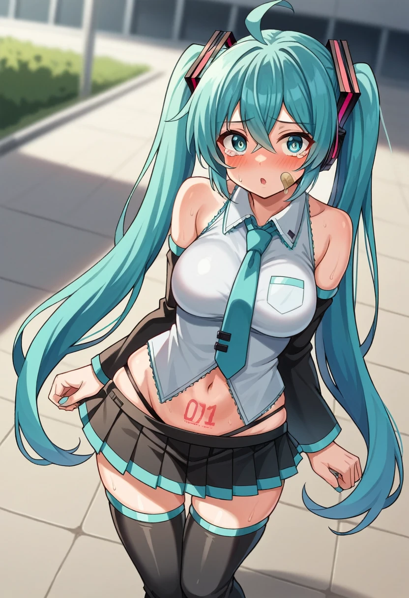 hatsunemiku, miku hatsune, ahoge, aqua eyes, aqua hair, crossed bangs, hair between eyes, hair ornament, headphones, long hair, twintails, BREAK aqua necktie, black footwear, black skirt, black sleeves, boots, collared shirt, detached sleeves, grey shirt, necktie, pleated skirt, shirt, skirt, sleeveless, sleeveless shirt, thigh boots, tie clip, BREAK looking at viewer, BREAK outdoors, city, BREAK (masterpiece:1.2), best quality, high resolution, unity 8k wallpaper, (illustration:0.8), (beautiful detailed eyes:1.6), extremely detailed face, perfect lighting, extremely detailed CG, (perfect hands, perfect anatomy), Get blush, (Best Quality: 1.5), (black-red lingerie panties). (((Twisting the skirt))). Detailed female genitalia. (((Trembling girl ))). Big Breast. get blush. (((Grabbing the hem of the skirt))). Pants with drawstrings on the sides. Full body standing. Pubic tattoo, Face full of scars、Skin shiny with sweat、 injured scared girl、 crying wet bursting out eyes, real tears streaming down face, ultra-detailed eyes,bandaid on face,covered with mud,expression of despair,Illumination that emphasizes shiny sweat{{{Spread }}},(crotch rope walking:1.0)
